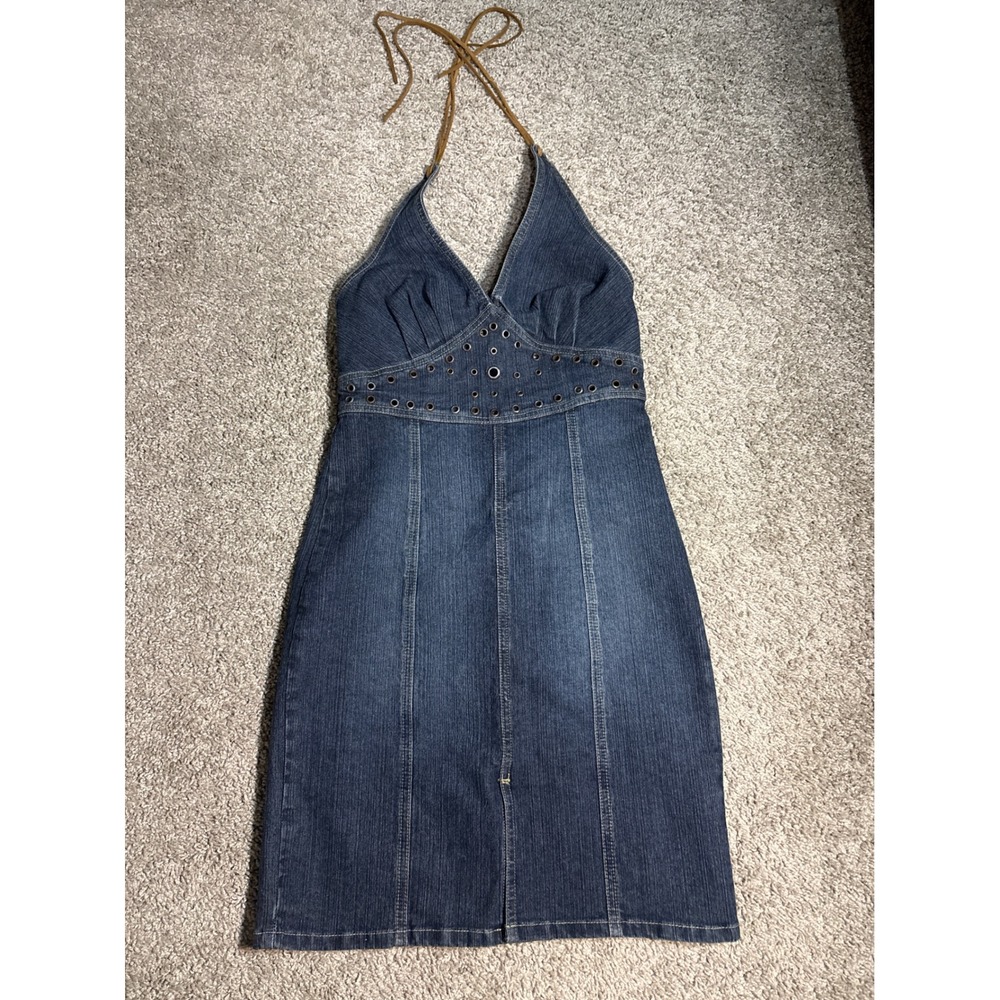 Z. Cavaricci Denim Halter Mini Dress Dark Wash Grommet Studded Y2K‎ XS 7016105